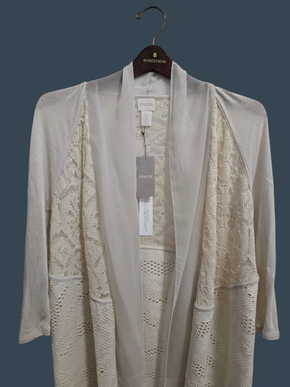 NWT Chicos Trixie Cardigan Cream 3/4 Sleeve Open Front Lace Sweater Size 0 - Picture 11 of 15